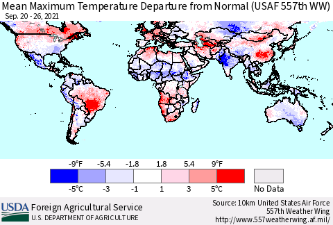 World Mean Maximum Temperature Departure from Normal (USAF 557th WW) Thematic Map For 9/20/2021 - 9/26/2021