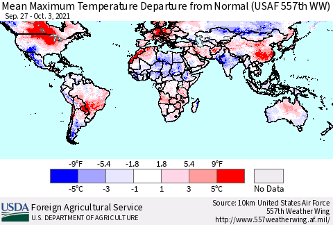 World Mean Maximum Temperature Departure from Normal (USAF 557th WW) Thematic Map For 9/27/2021 - 10/3/2021