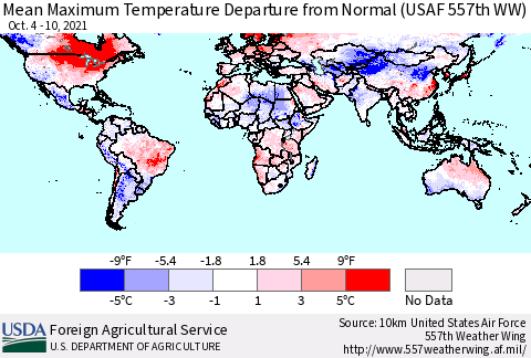 World Mean Maximum Temperature Departure from Normal (USAF 557th WW) Thematic Map For 10/4/2021 - 10/10/2021
