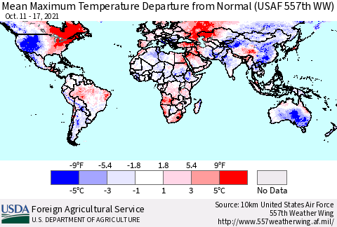 World Mean Maximum Temperature Departure from Normal (USAF 557th WW) Thematic Map For 10/11/2021 - 10/17/2021