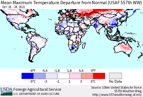 World Mean Maximum Temperature Departure from Normal (USAF 557th WW) Thematic Map For 10/18/2021 - 10/24/2021