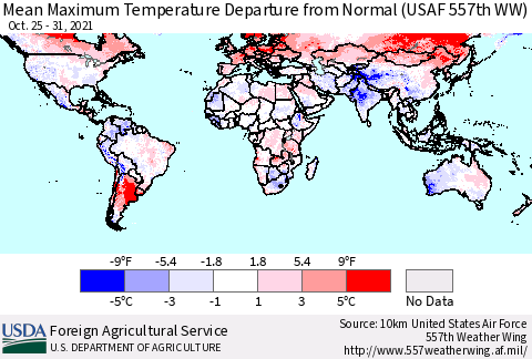 World Mean Maximum Temperature Departure from Normal (USAF 557th WW) Thematic Map For 10/25/2021 - 10/31/2021