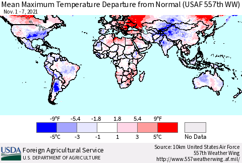 World Mean Maximum Temperature Departure from Normal (USAF 557th WW) Thematic Map For 11/1/2021 - 11/7/2021