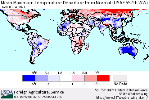 World Mean Maximum Temperature Departure from Normal (USAF 557th WW) Thematic Map For 11/8/2021 - 11/14/2021