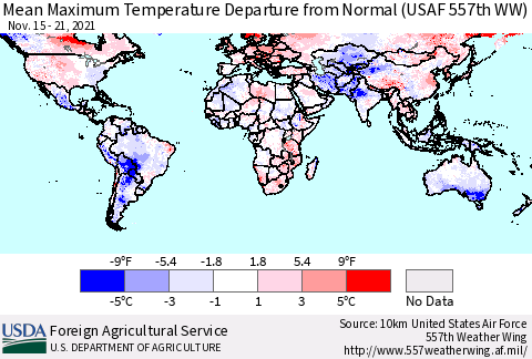 World Mean Maximum Temperature Departure from Normal (USAF 557th WW) Thematic Map For 11/15/2021 - 11/21/2021