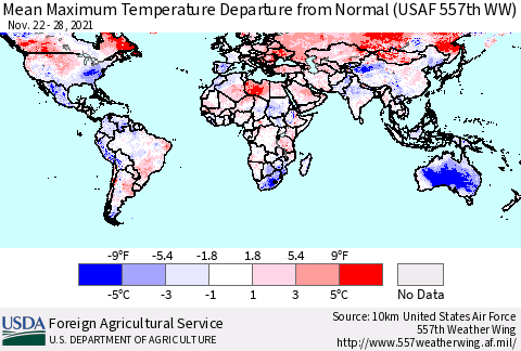 World Mean Maximum Temperature Departure from Normal (USAF 557th WW) Thematic Map For 11/22/2021 - 11/28/2021