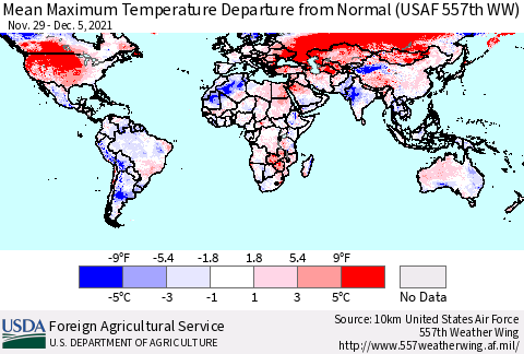 World Mean Maximum Temperature Departure from Normal (USAF 557th WW) Thematic Map For 11/29/2021 - 12/5/2021
