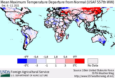World Mean Maximum Temperature Departure from Normal (USAF 557th WW) Thematic Map For 12/6/2021 - 12/12/2021