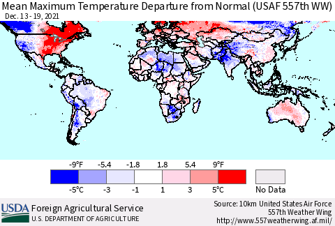 World Mean Maximum Temperature Departure from Normal (USAF 557th WW) Thematic Map For 12/13/2021 - 12/19/2021