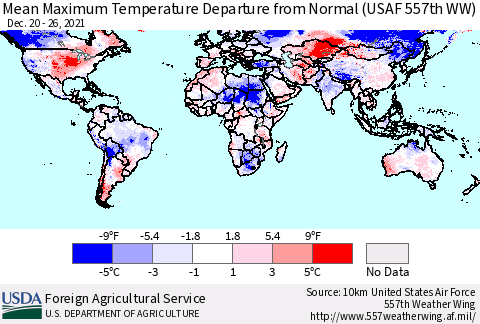 World Mean Maximum Temperature Departure from Normal (USAF 557th WW) Thematic Map For 12/20/2021 - 12/26/2021