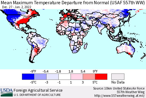 World Mean Maximum Temperature Departure from Normal (USAF 557th WW) Thematic Map For 12/27/2021 - 1/2/2022
