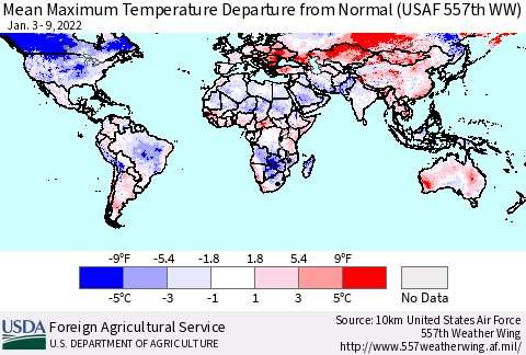 World Mean Maximum Temperature Departure from Normal (USAF 557th WW) Thematic Map For 1/3/2022 - 1/9/2022