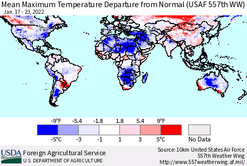 World Mean Maximum Temperature Departure from Normal (USAF 557th WW) Thematic Map For 1/17/2022 - 1/23/2022