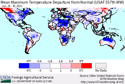 World Mean Maximum Temperature Departure from Normal (USAF 557th WW) Thematic Map For 1/24/2022 - 1/30/2022
