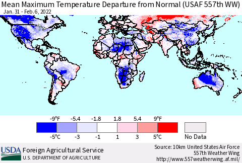 World Mean Maximum Temperature Departure from Normal (USAF 557th WW) Thematic Map For 1/31/2022 - 2/6/2022