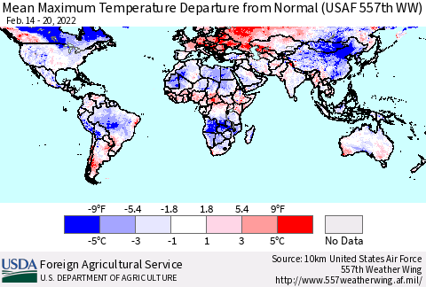 World Mean Maximum Temperature Departure from Normal (USAF 557th WW) Thematic Map For 2/14/2022 - 2/20/2022