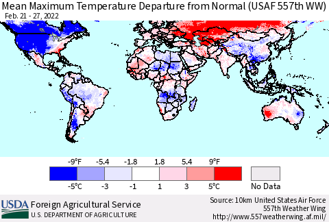 World Mean Maximum Temperature Departure from Normal (USAF 557th WW) Thematic Map For 2/21/2022 - 2/27/2022