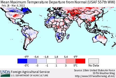 World Mean Maximum Temperature Departure from Normal (USAF 557th WW) Thematic Map For 2/28/2022 - 3/6/2022
