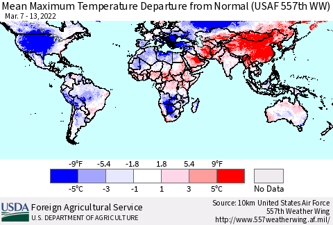 World Mean Maximum Temperature Departure from Normal (USAF 557th WW) Thematic Map For 3/7/2022 - 3/13/2022