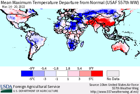 World Mean Maximum Temperature Departure from Normal (USAF 557th WW) Thematic Map For 3/14/2022 - 3/20/2022