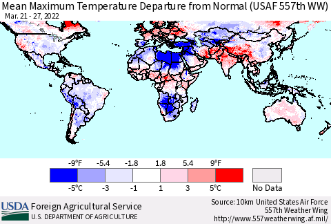 World Mean Maximum Temperature Departure from Normal (USAF 557th WW) Thematic Map For 3/21/2022 - 3/27/2022