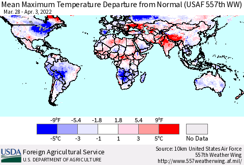 World Mean Maximum Temperature Departure from Normal (USAF 557th WW) Thematic Map For 3/28/2022 - 4/3/2022