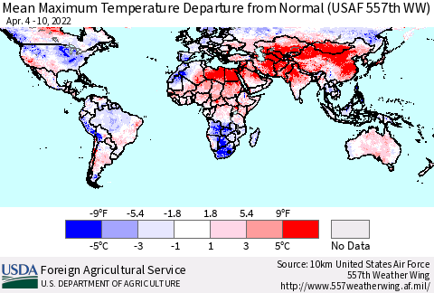 World Mean Maximum Temperature Departure from Normal (USAF 557th WW) Thematic Map For 4/4/2022 - 4/10/2022