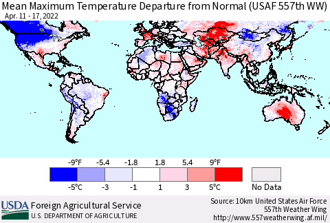World Mean Maximum Temperature Departure from Normal (USAF 557th WW) Thematic Map For 4/11/2022 - 4/17/2022