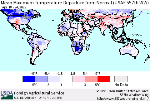 World Mean Maximum Temperature Departure from Normal (USAF 557th WW) Thematic Map For 4/18/2022 - 4/24/2022