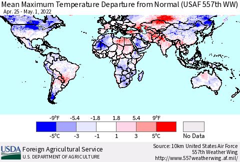World Mean Maximum Temperature Departure from Normal (USAF 557th WW) Thematic Map For 4/25/2022 - 5/1/2022