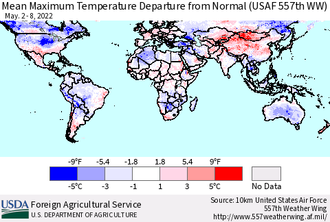 World Mean Maximum Temperature Departure from Normal (USAF 557th WW) Thematic Map For 5/2/2022 - 5/8/2022