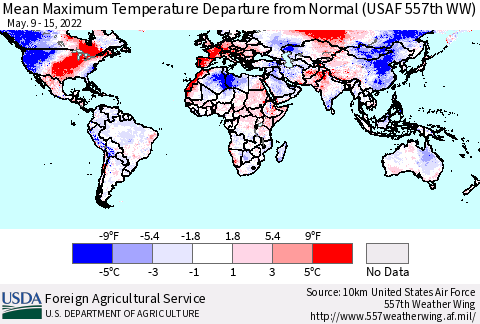 World Mean Maximum Temperature Departure from Normal (USAF 557th WW) Thematic Map For 5/9/2022 - 5/15/2022