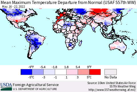 World Mean Maximum Temperature Departure from Normal (USAF 557th WW) Thematic Map For 5/16/2022 - 5/22/2022