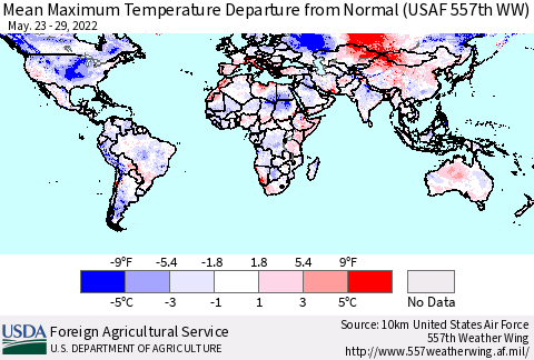 World Mean Maximum Temperature Departure from Normal (USAF 557th WW) Thematic Map For 5/23/2022 - 5/29/2022