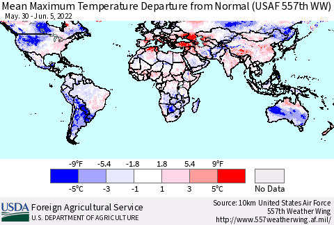 World Mean Maximum Temperature Departure from Normal (USAF 557th WW) Thematic Map For 5/30/2022 - 6/5/2022