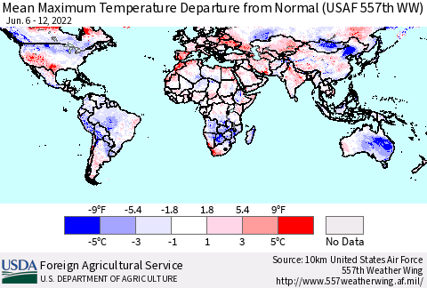 World Mean Maximum Temperature Departure from Normal (USAF 557th WW) Thematic Map For 6/6/2022 - 6/12/2022