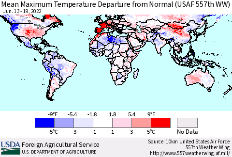 World Mean Maximum Temperature Departure from Normal (USAF 557th WW) Thematic Map For 6/13/2022 - 6/19/2022