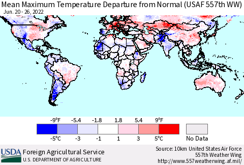 World Mean Maximum Temperature Departure from Normal (USAF 557th WW) Thematic Map For 6/20/2022 - 6/26/2022