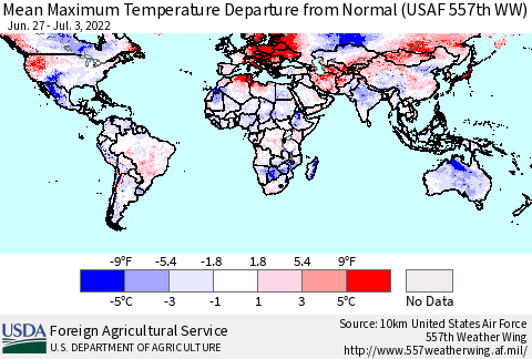World Mean Maximum Temperature Departure from Normal (USAF 557th WW) Thematic Map For 6/27/2022 - 7/3/2022
