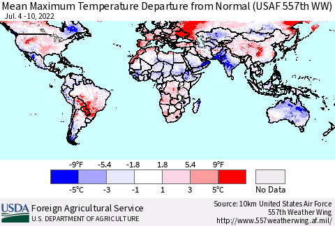 World Mean Maximum Temperature Departure from Normal (USAF 557th WW) Thematic Map For 7/4/2022 - 7/10/2022