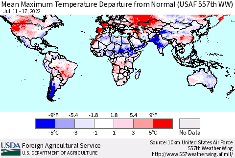 World Mean Maximum Temperature Departure from Normal (USAF 557th WW) Thematic Map For 7/11/2022 - 7/17/2022