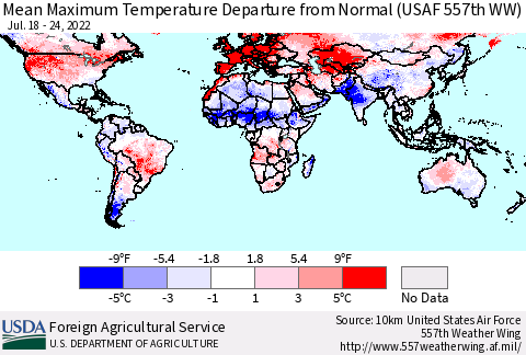 World Mean Maximum Temperature Departure from Normal (USAF 557th WW) Thematic Map For 7/18/2022 - 7/24/2022
