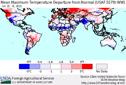 World Mean Maximum Temperature Departure from Normal (USAF 557th WW) Thematic Map For 7/25/2022 - 7/31/2022