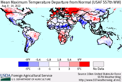 World Mean Maximum Temperature Departure from Normal (USAF 557th WW) Thematic Map For 8/8/2022 - 8/14/2022