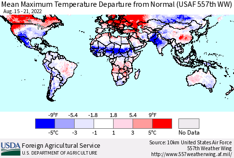World Mean Maximum Temperature Departure from Normal (USAF 557th WW) Thematic Map For 8/15/2022 - 8/21/2022