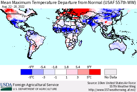 World Mean Maximum Temperature Departure from Normal (USAF 557th WW) Thematic Map For 8/22/2022 - 8/28/2022