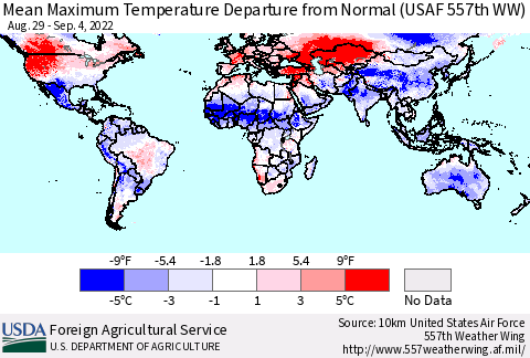 World Mean Maximum Temperature Departure from Normal (USAF 557th WW) Thematic Map For 8/29/2022 - 9/4/2022