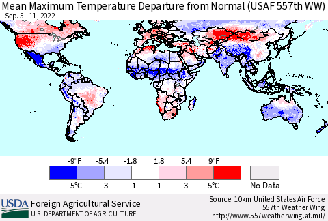 World Mean Maximum Temperature Departure from Normal (USAF 557th WW) Thematic Map For 9/5/2022 - 9/11/2022