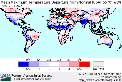 World Mean Maximum Temperature Departure from Normal (USAF 557th WW) Thematic Map For 9/12/2022 - 9/18/2022