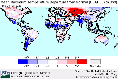World Mean Maximum Temperature Departure from Normal (USAF 557th WW) Thematic Map For 9/19/2022 - 9/25/2022